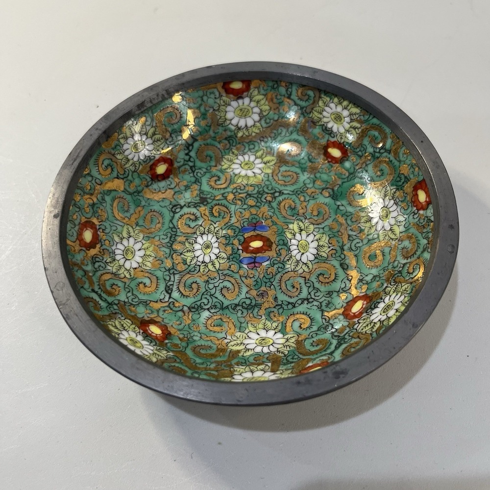 Vtg ACF Japanese Porcelain Ware Green Enamel Bowl Encased In Pewter Hong Kong